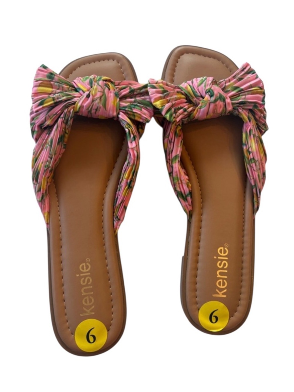 Kensie Pink Floral Knot-Top Slide Sandals with Brown Footbed Size 9